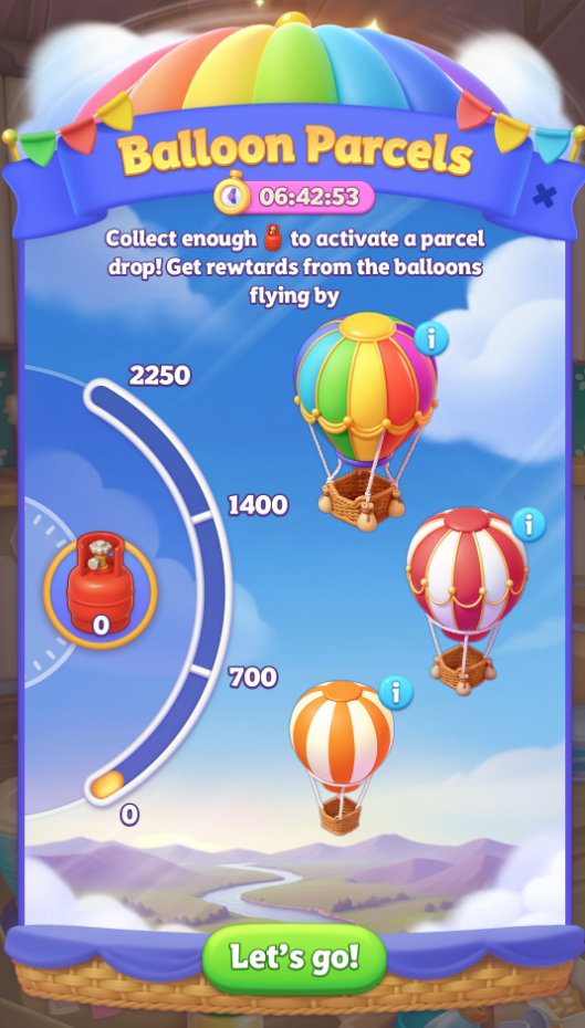 Шары с посылками event screen showing progress bar toward fuel tank milestones and hot air balloons carrying rewards.png
